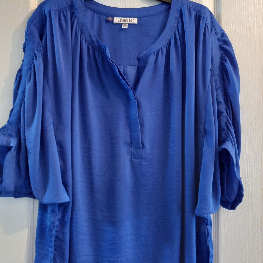 Jennifer Lopez Satin Shine Royal Blue 3/4 Sleeve Blouse Size XL